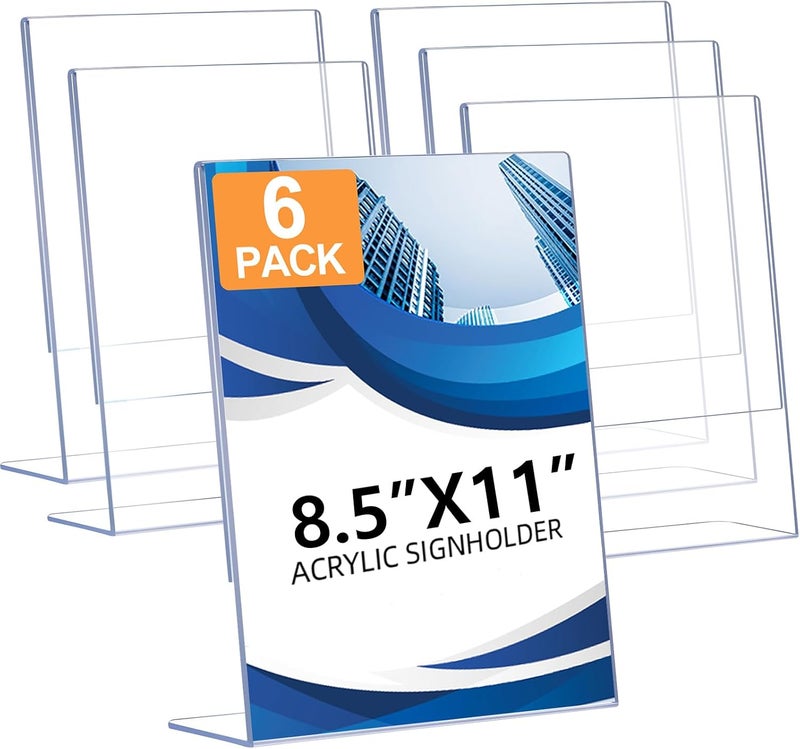 DECOHOBO 6 Pack Acrylic Sign Holder 8.5 x 11, Clear Plastic Display Stands for Tabletop, L-Shape Acrylic Stands for Flyers, Documents, Office, Restaurants, Vertical Sign Holder 8.5x11 for Desktop - Image 1